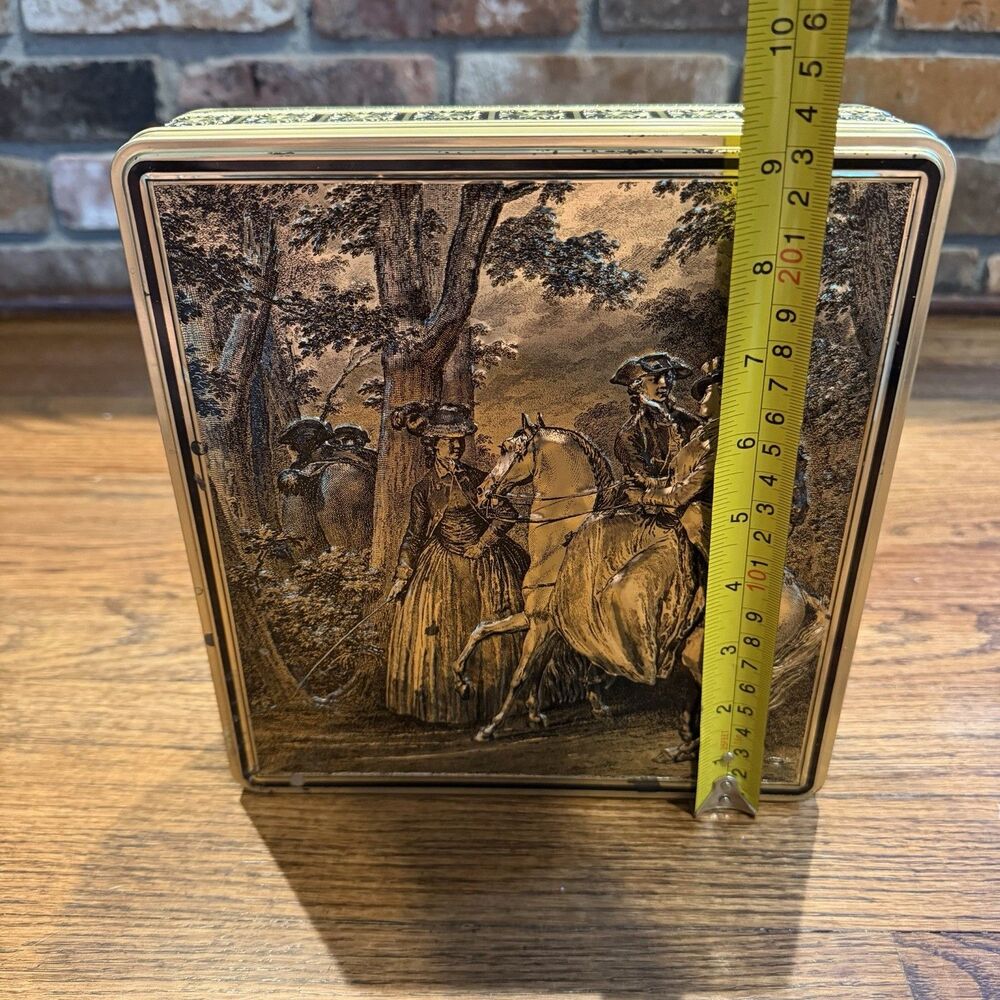 Vintage Biscuit Cookie Tin Box Gold Brass Tone Colonial Horse Riding Courting - Picture 4 of 5